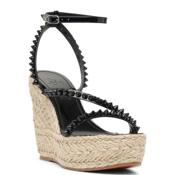 Christian Louboutin Mafaldina Wedge Espadrille Sandals Black/Tan Size 38 New - Picture 2 of 11